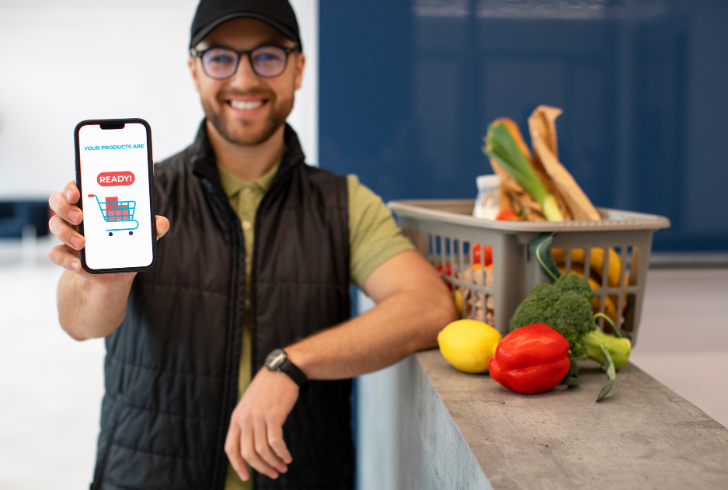 Man shows phone with grocery pickup ready
