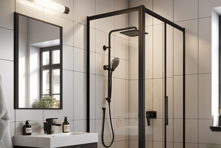 Clean and dry black shower fixtures