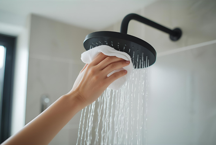 Hand cleaning black shower with sponge
