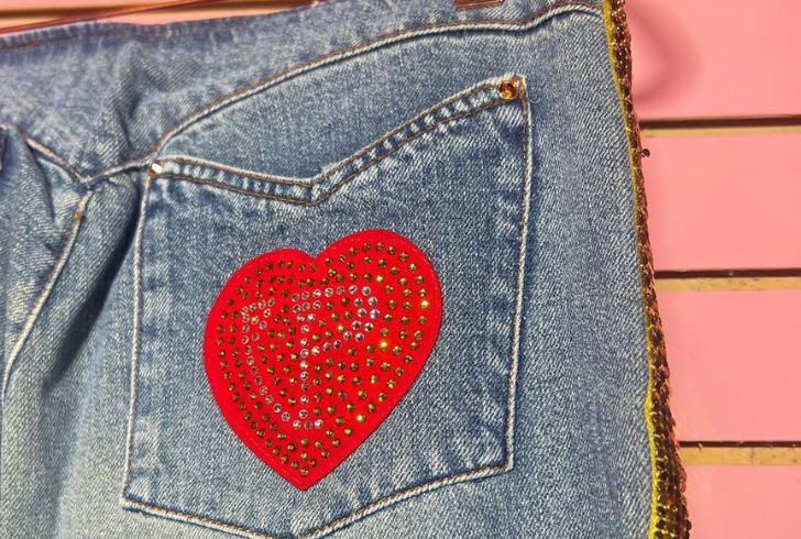 Jeans with crystal heart pockets.