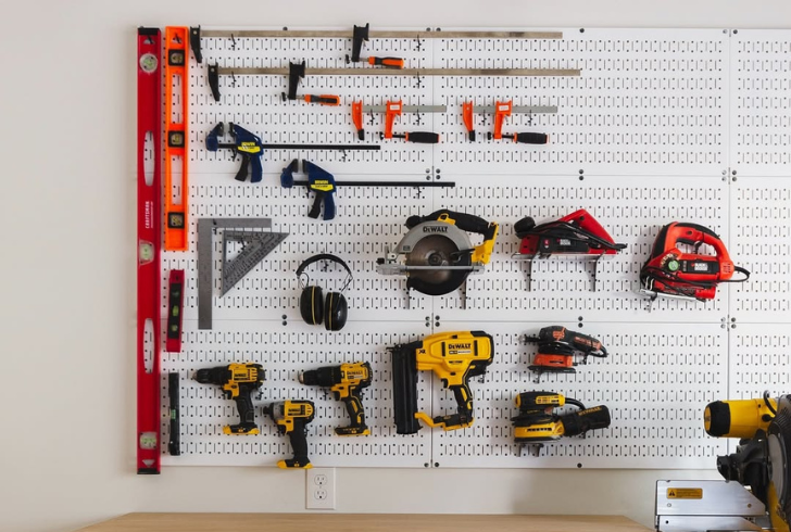 Pegboard with hooks and tool holders