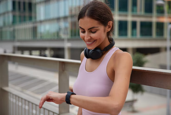 Woman looks at smartwatch happy to burn much calories during training