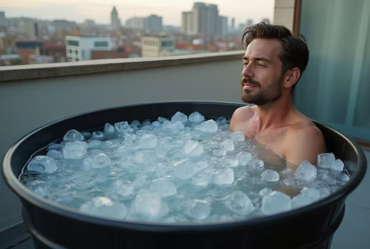 Person taking a cold plunge therapy